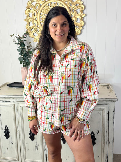 Queen of Sparkles Rainbow Plaid Chili Pepper Button Up Cotton Top