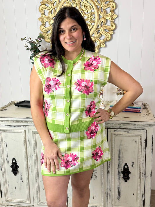 Queen of Sparkles Green Plaid Azalea Button Up Tank Sweater