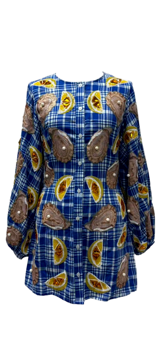 Queen of Sparkles Blue & White Plaid Oyster & Lemon Dress