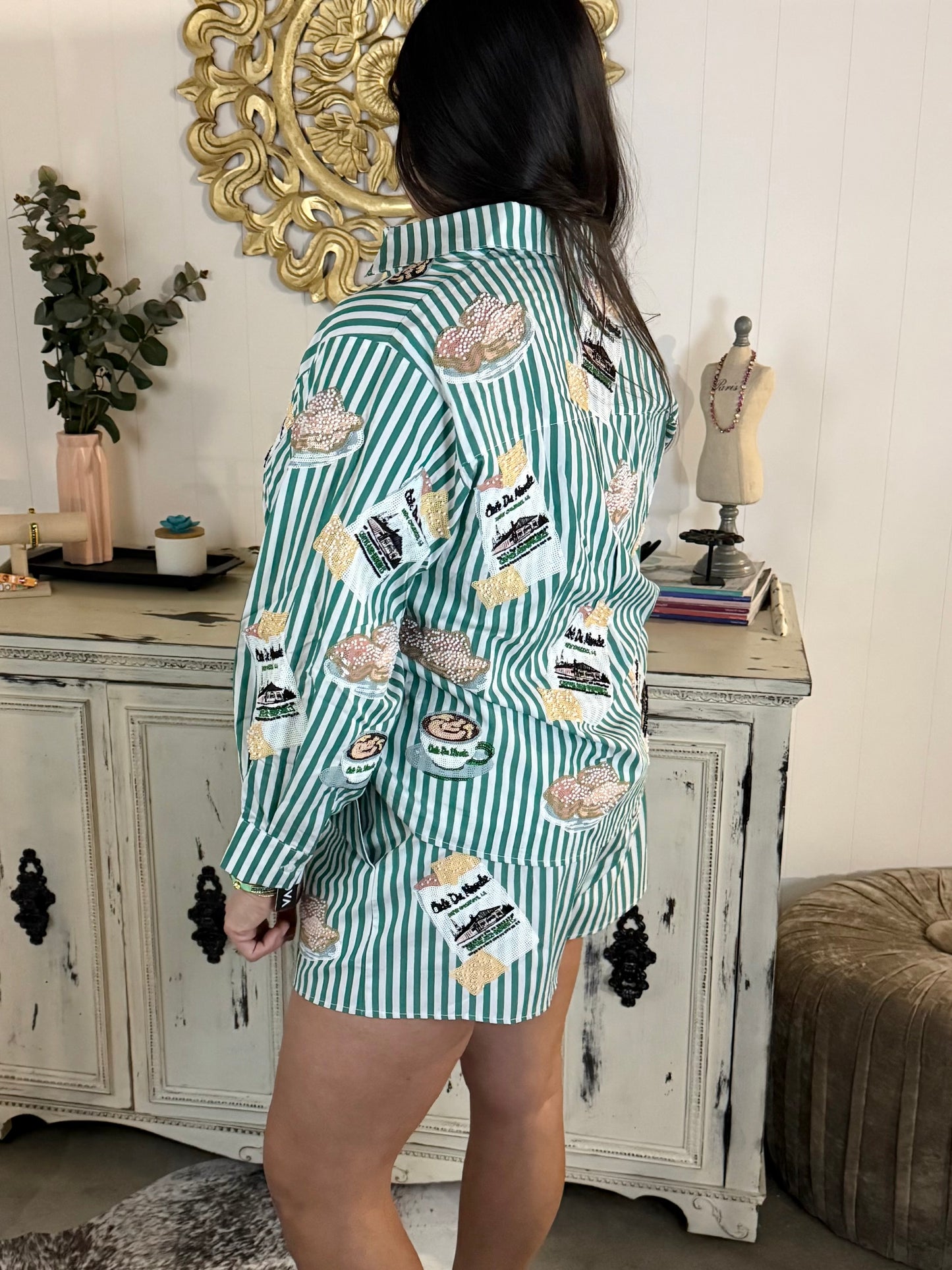 Queen of Sparkles Green & White Stripe Cafe Du Monde Top