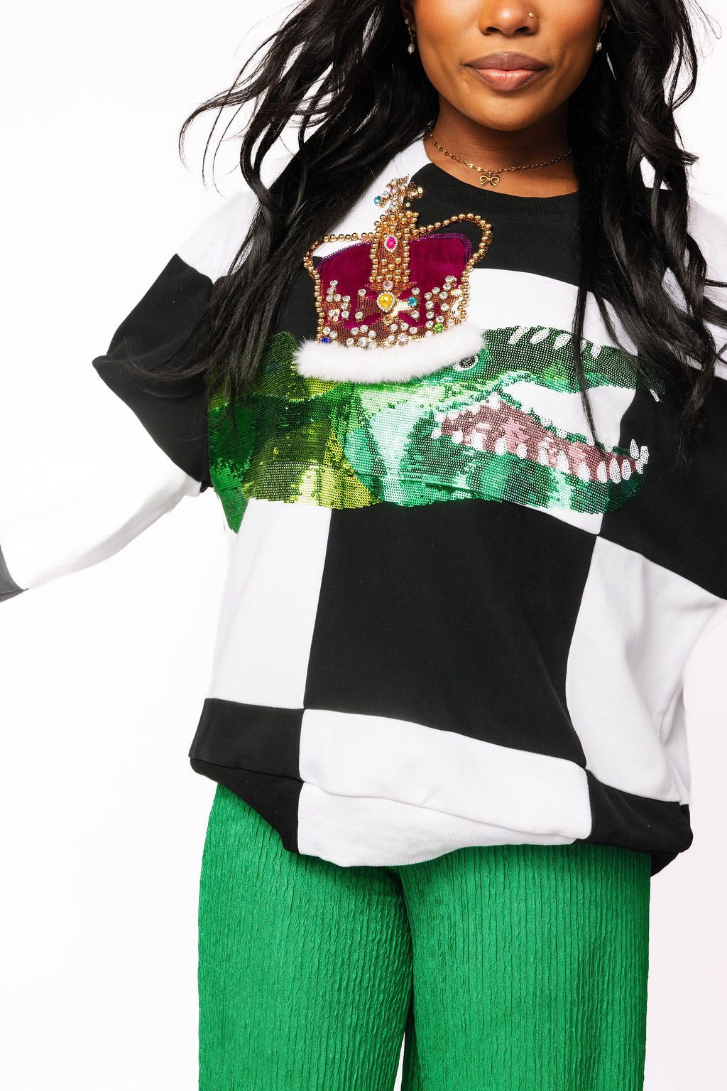 Queen of Sparkles Black & White Checkered Mardi Gras Alligator Sweatshirt