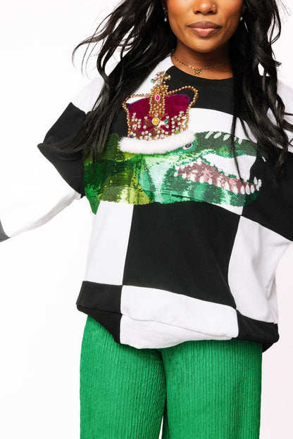 Queen of Sparkles Black & White Checkered Mardi Gras Alligator Sweatshirt