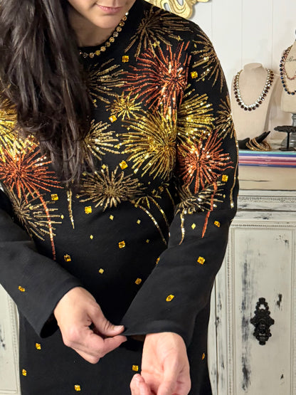 Queen of Sparkles Black & Mixed Metals Firework Midi Sweater Dress