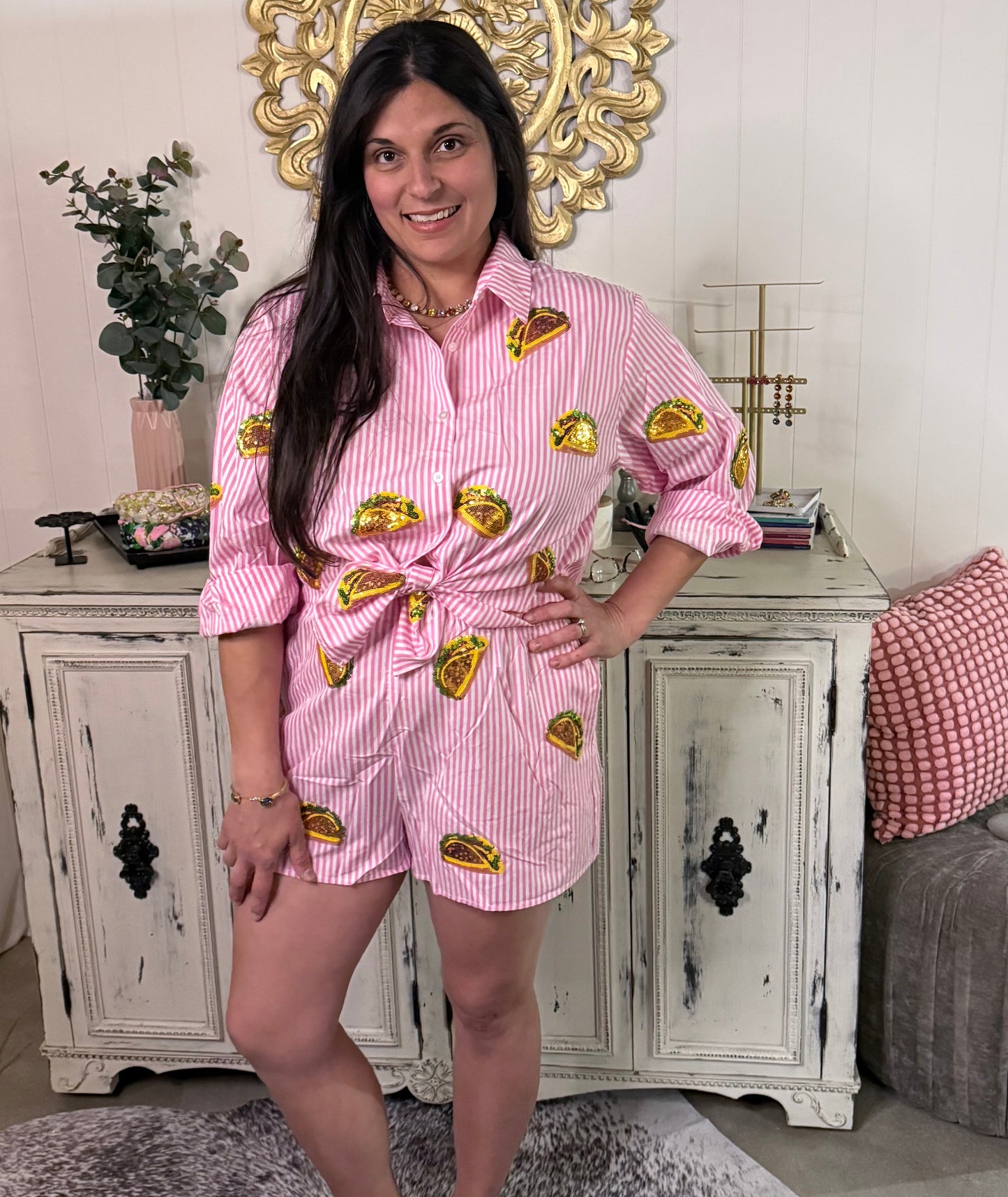 Queen of Sparkles Pink & White Sequin Taco Shirt