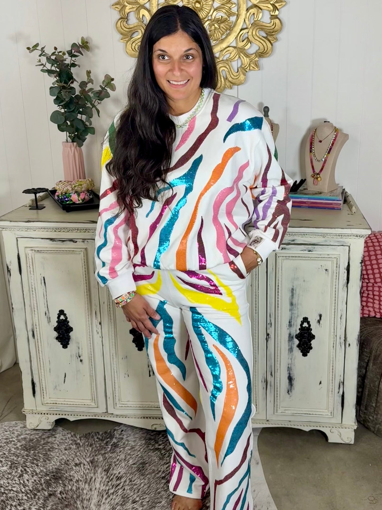 Queen of Sparkles White and Rainbow Tiger Stripe Sweatshirt