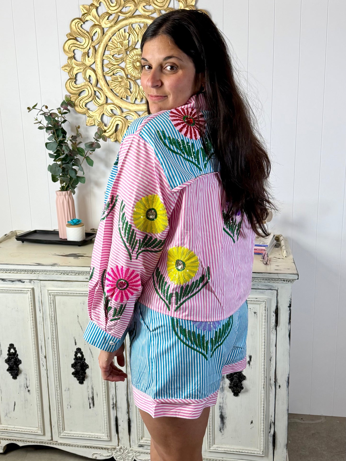 Queen of Sparkles Pink & Blue Striped Cinco Flowers Short
