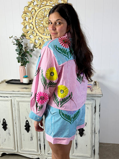 Queen of Sparkles Pink & Blue Striped Cinco Flowers Short