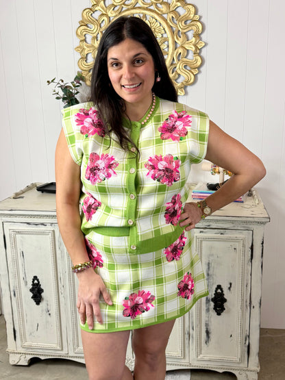 Queen of Sparkles Green Plaid Azalea Button Up Tank Sweater