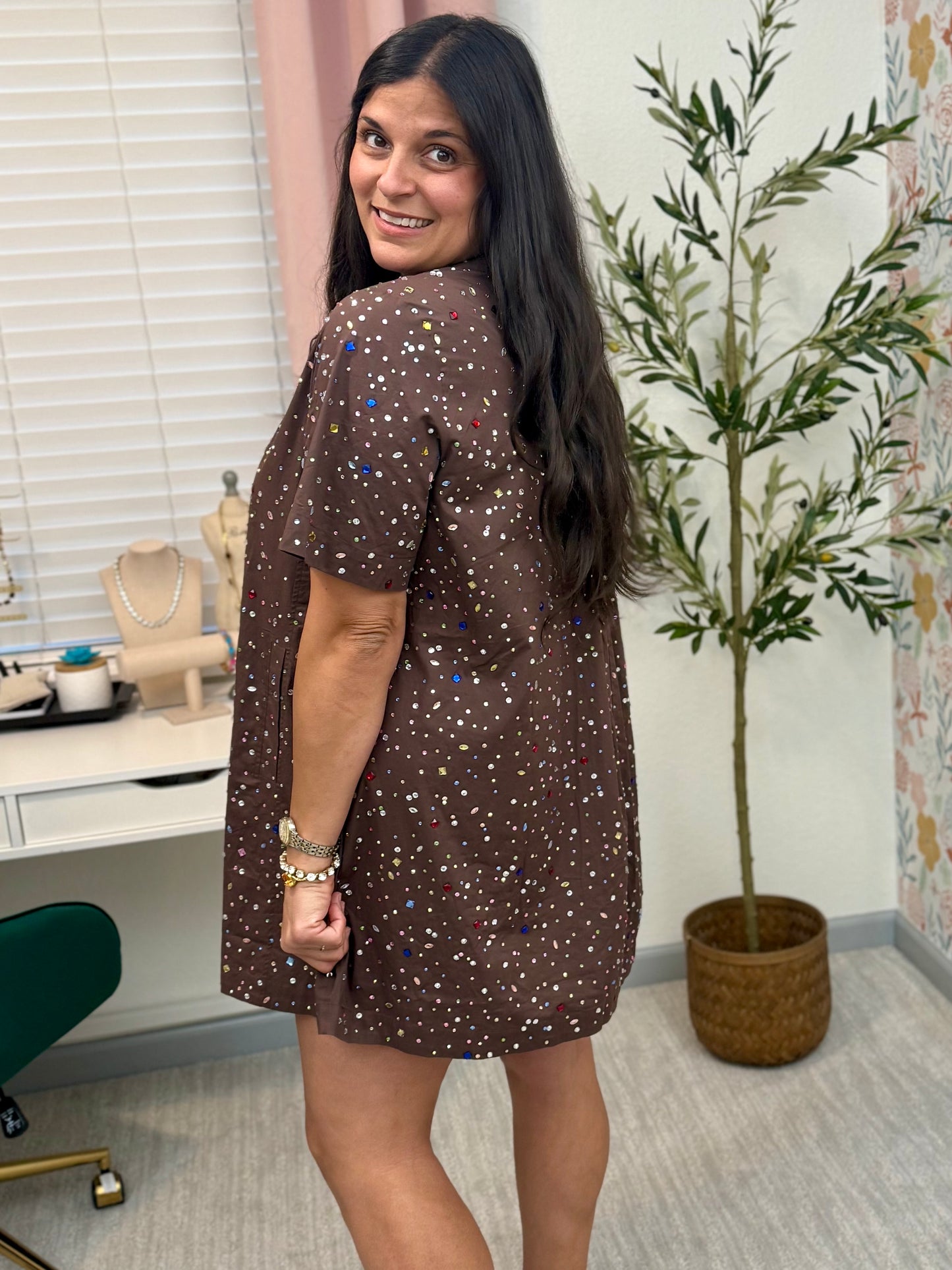 Queen of Sparkles Brown Multi Rhinestone Cotton Short Sleeve Dress