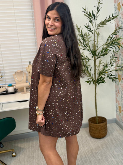 Queen of Sparkles Brown Multi Rhinestone Cotton Short Sleeve Dress
