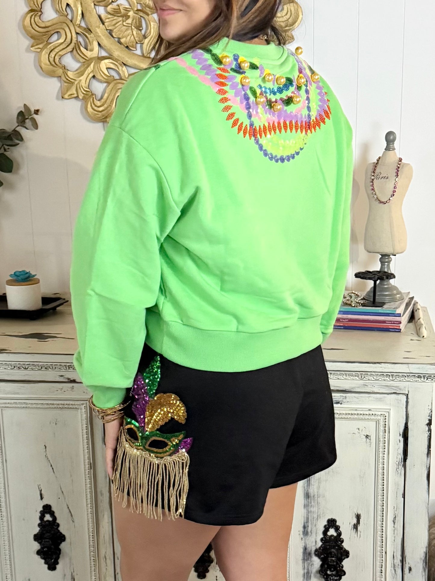 Queen of Sparkles Bright Green Queen Bead Sweatshirt