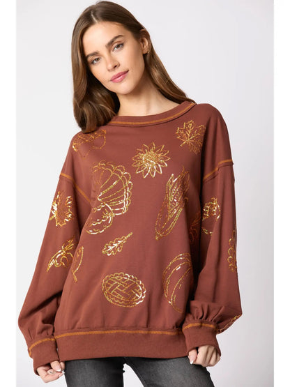 Brown Sequin Thanksgiving Icon Sweatshirt