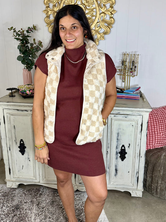 Khaki Checkered Sherpa Snap Vest