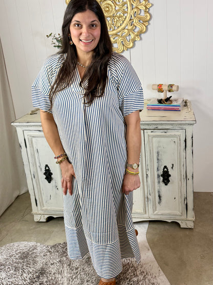 Indigo Striped Seersucker Dress