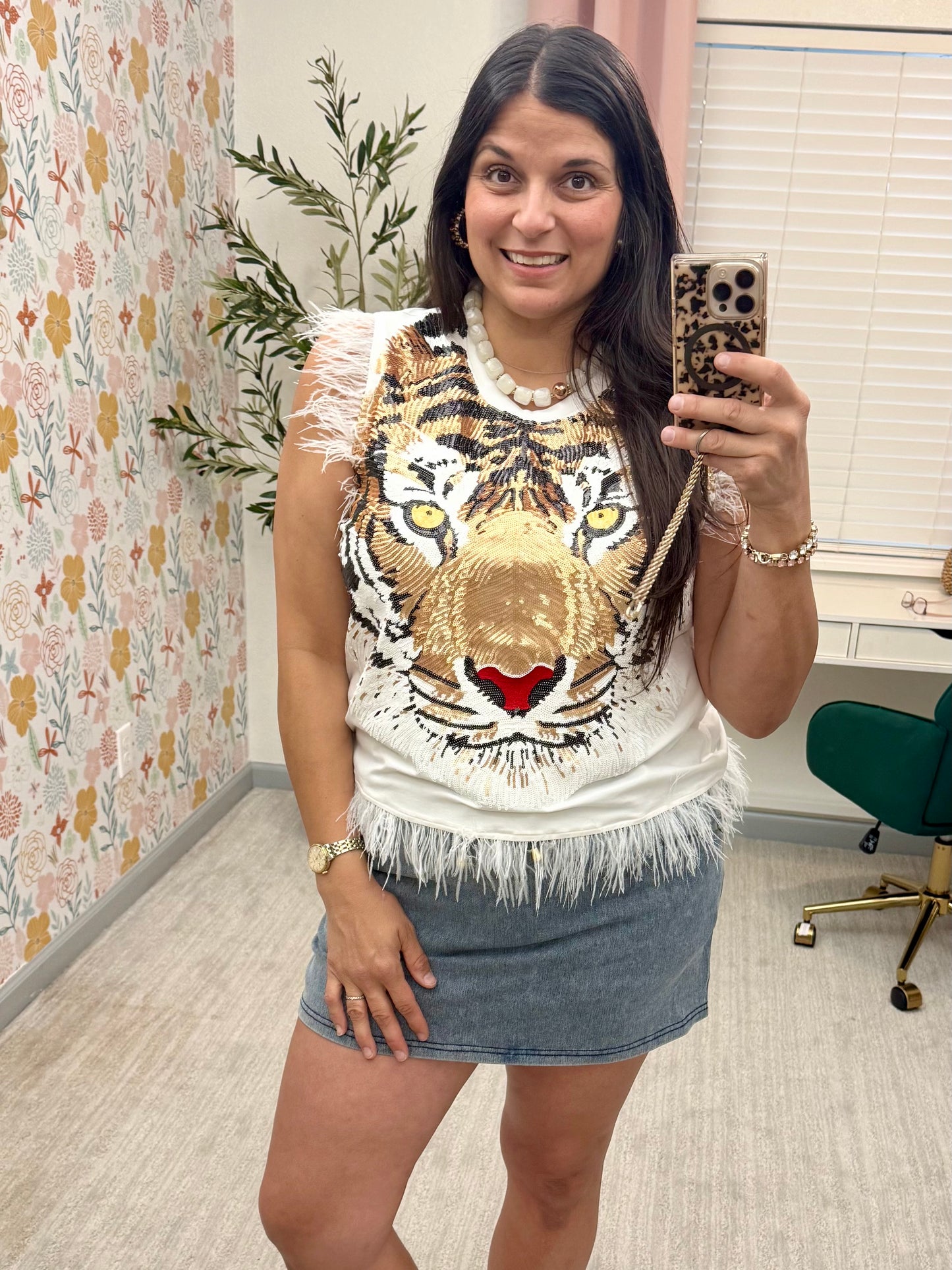 Queen of Sparkles White Oversized Tiger Feather Trim Tank