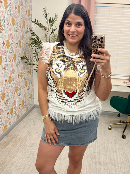 Queen of Sparkles White Oversized Tiger Feather Trim Tank