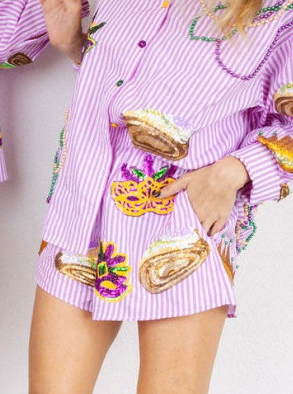 Queen of Sparkles Purple Striped Mardi Gras Icon Shorts