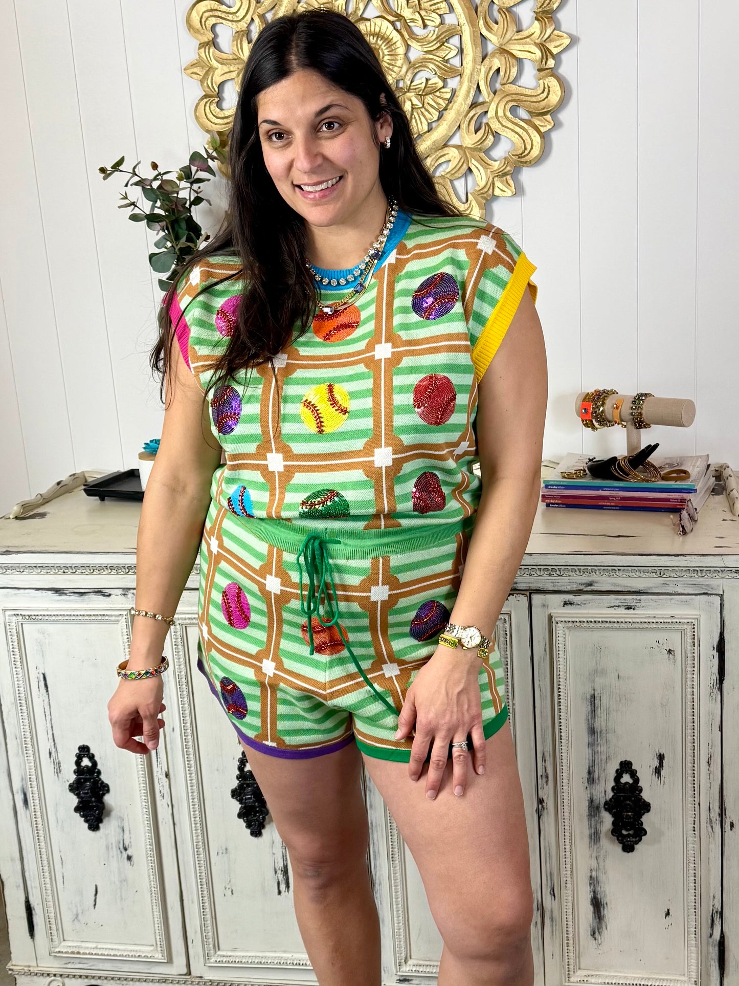 Queen of Sparkles Mint Baseball Field Diamond Multi Baseball Midi Tie Romper