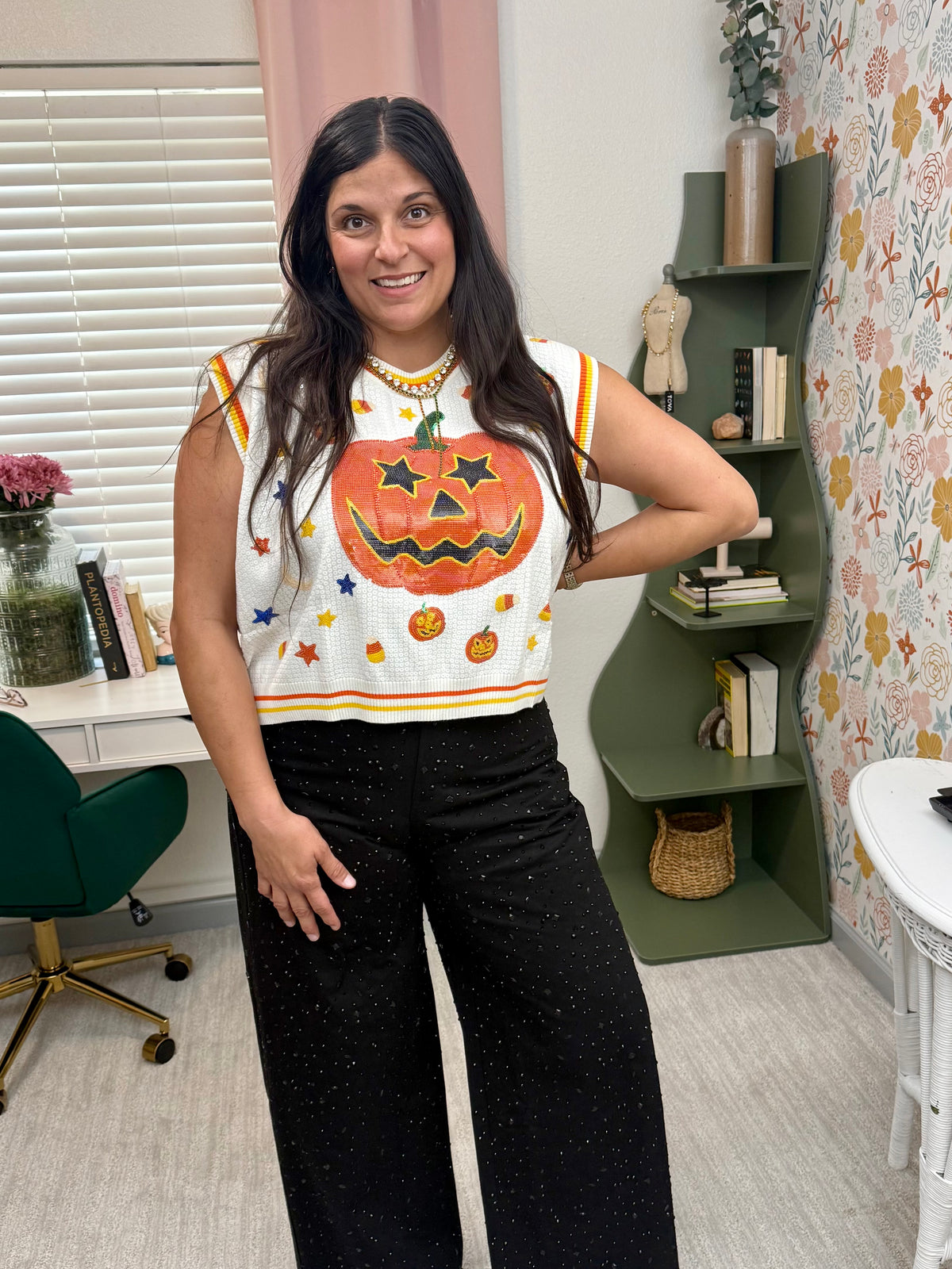 Queen of Sparkles White Full Sequin Pumpkin & Small Icon Vest