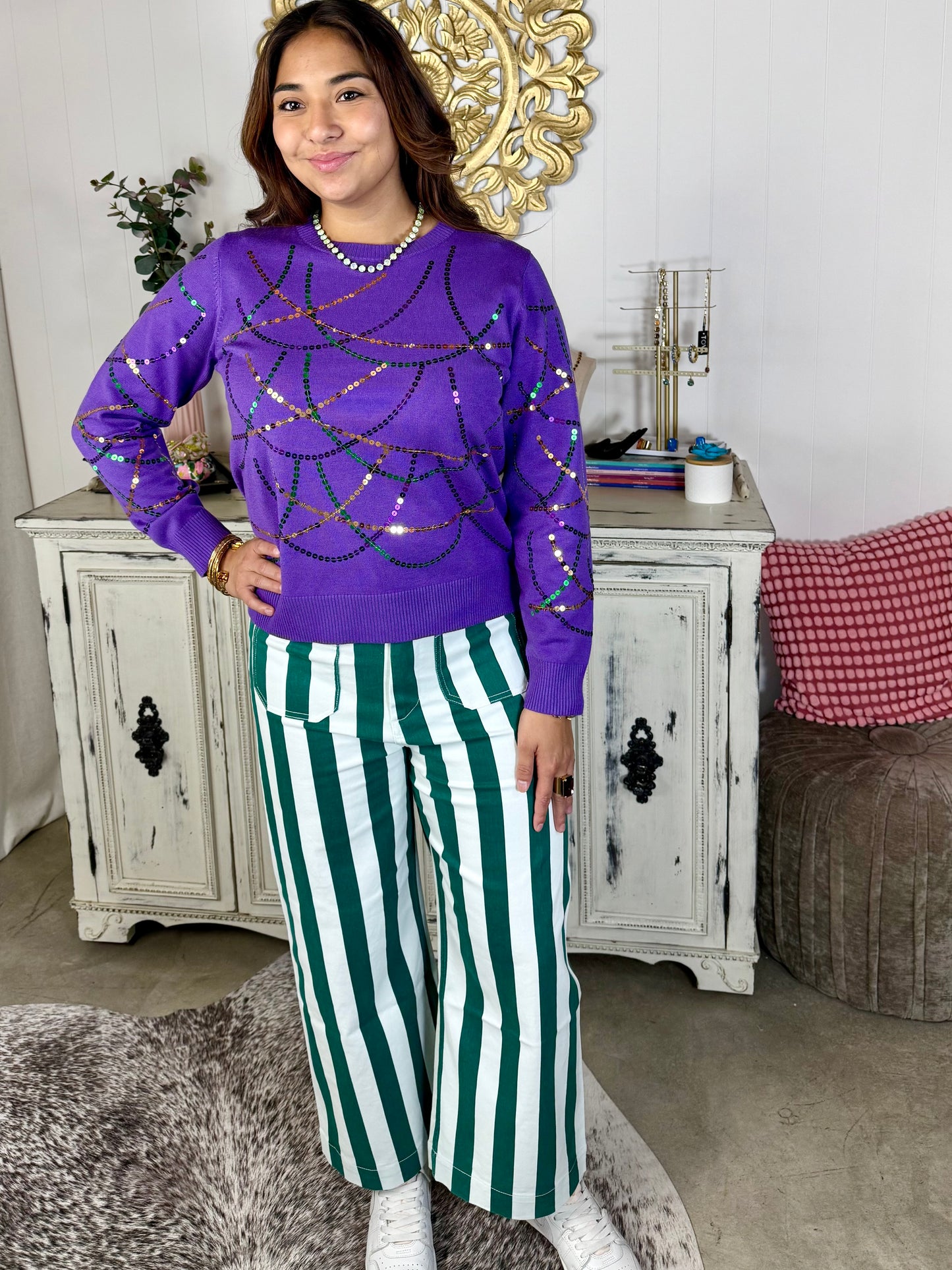 Mardi Gras Bead Sequin Sweater