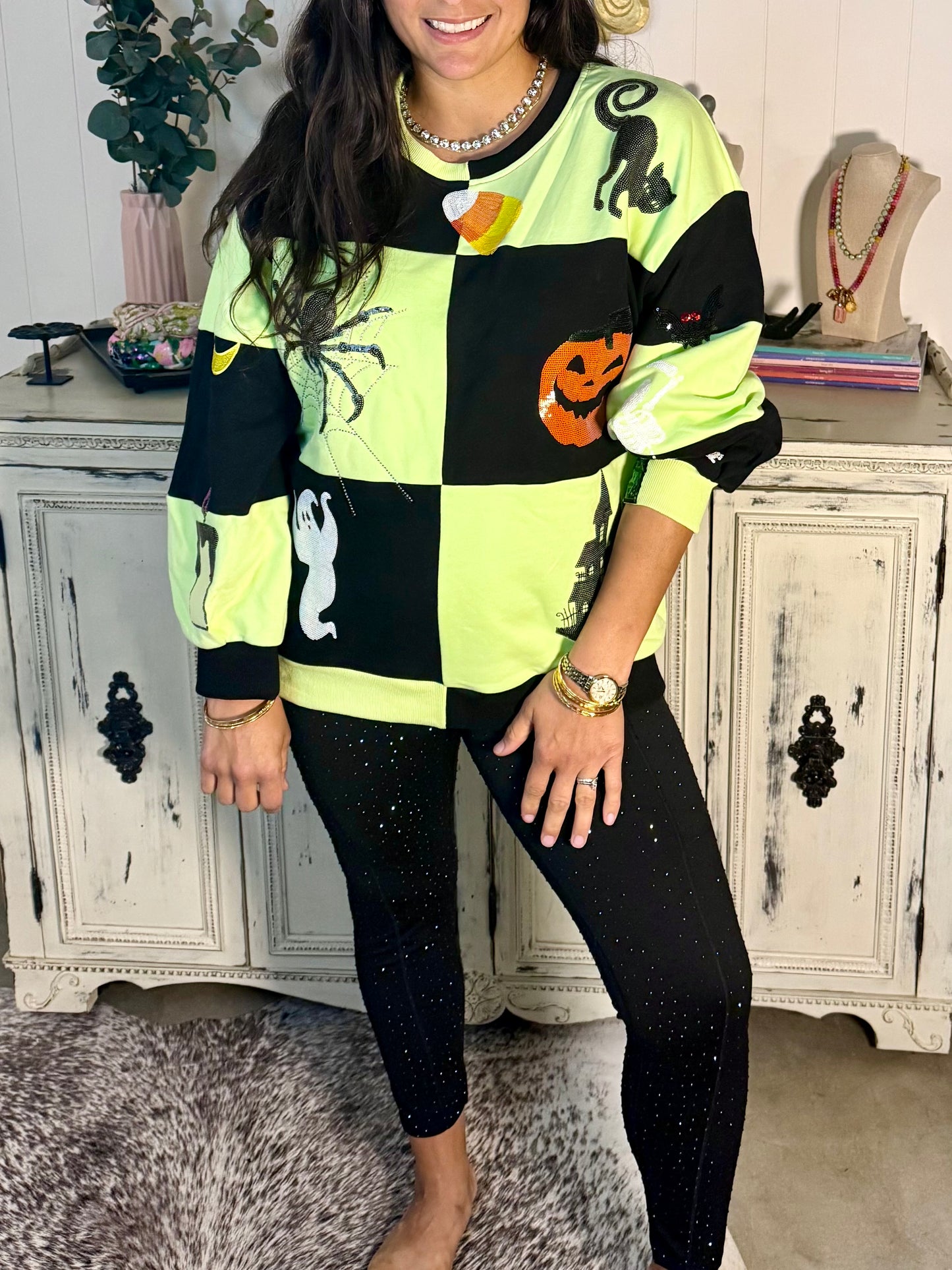 Queen of Sparkles Green and Black Checkered Halloween Sweatshirt