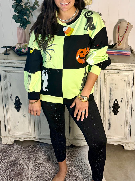 Queen of Sparkles Green and Black Checkered Halloween Sweatshirt