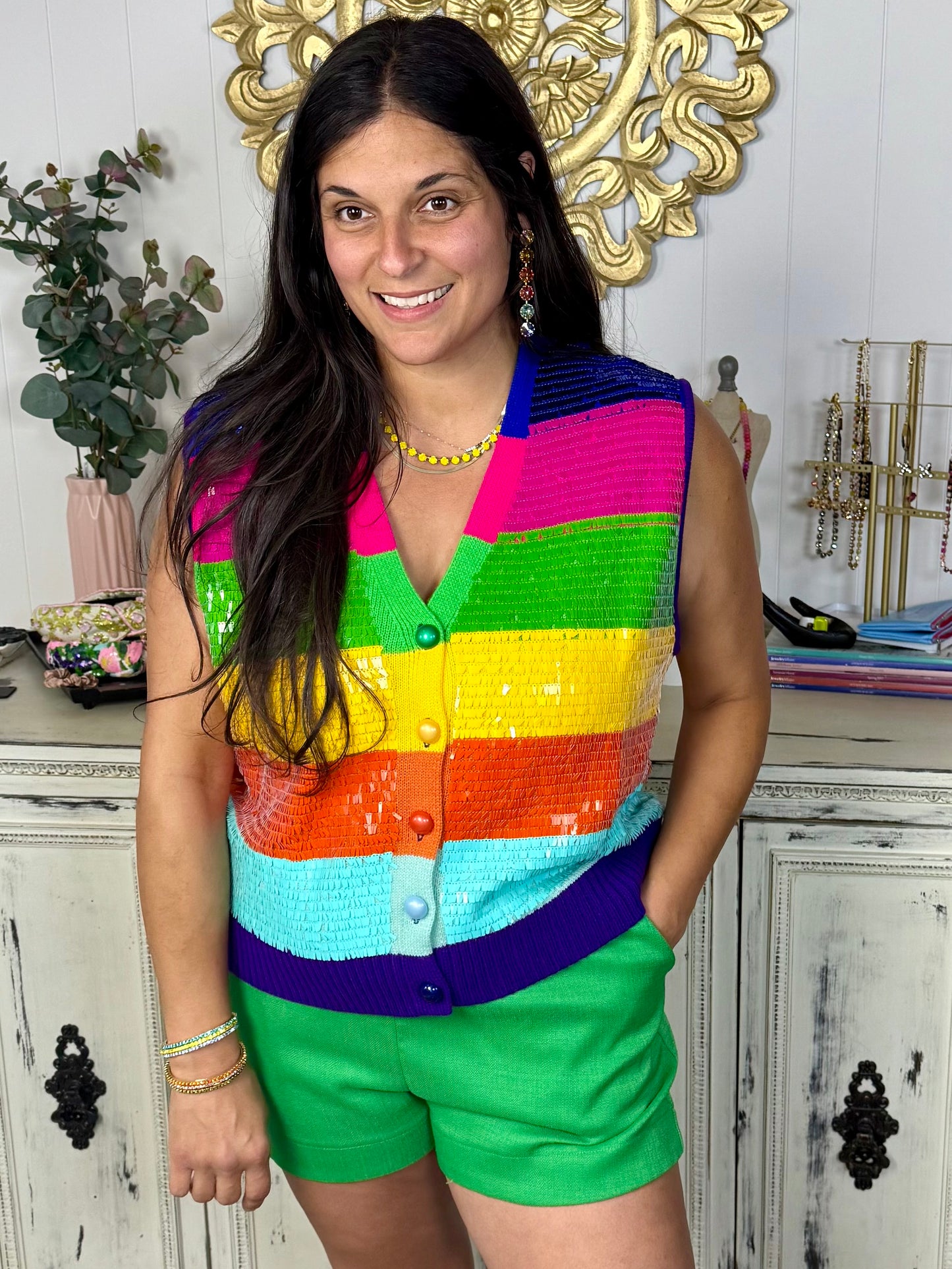 Queen of Sparkles Full Sequin Rainbow Stripe Sweater Vest