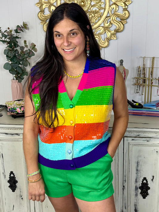 Queen of Sparkles Full Sequin Rainbow Stripe Sweater Vest