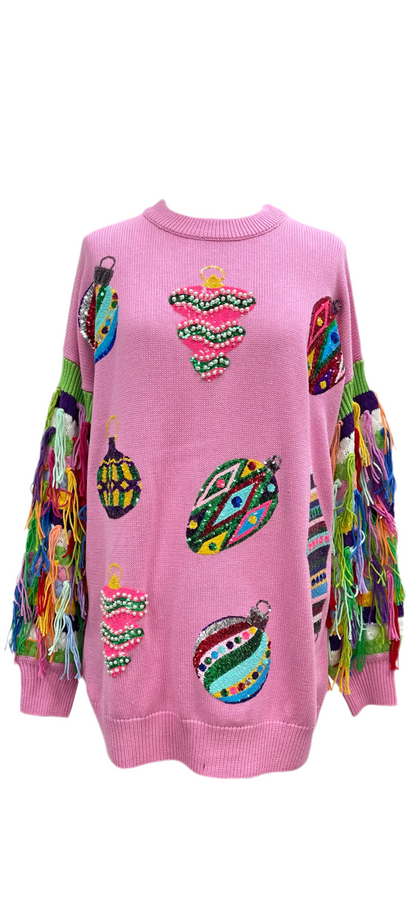 Queen of Sparkles Pink Multi Jeweled Ornament Fringe Sweater Dress