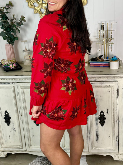 Queen of Sparkles Red Poinsettia Sweatshirt Dress