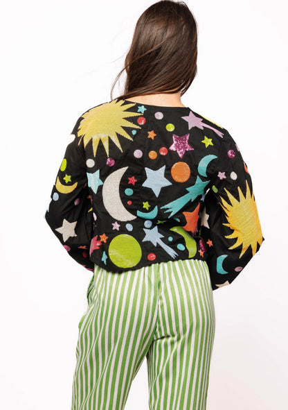 Queen of Sparkles Black Multi Galaxy Tie Front Top