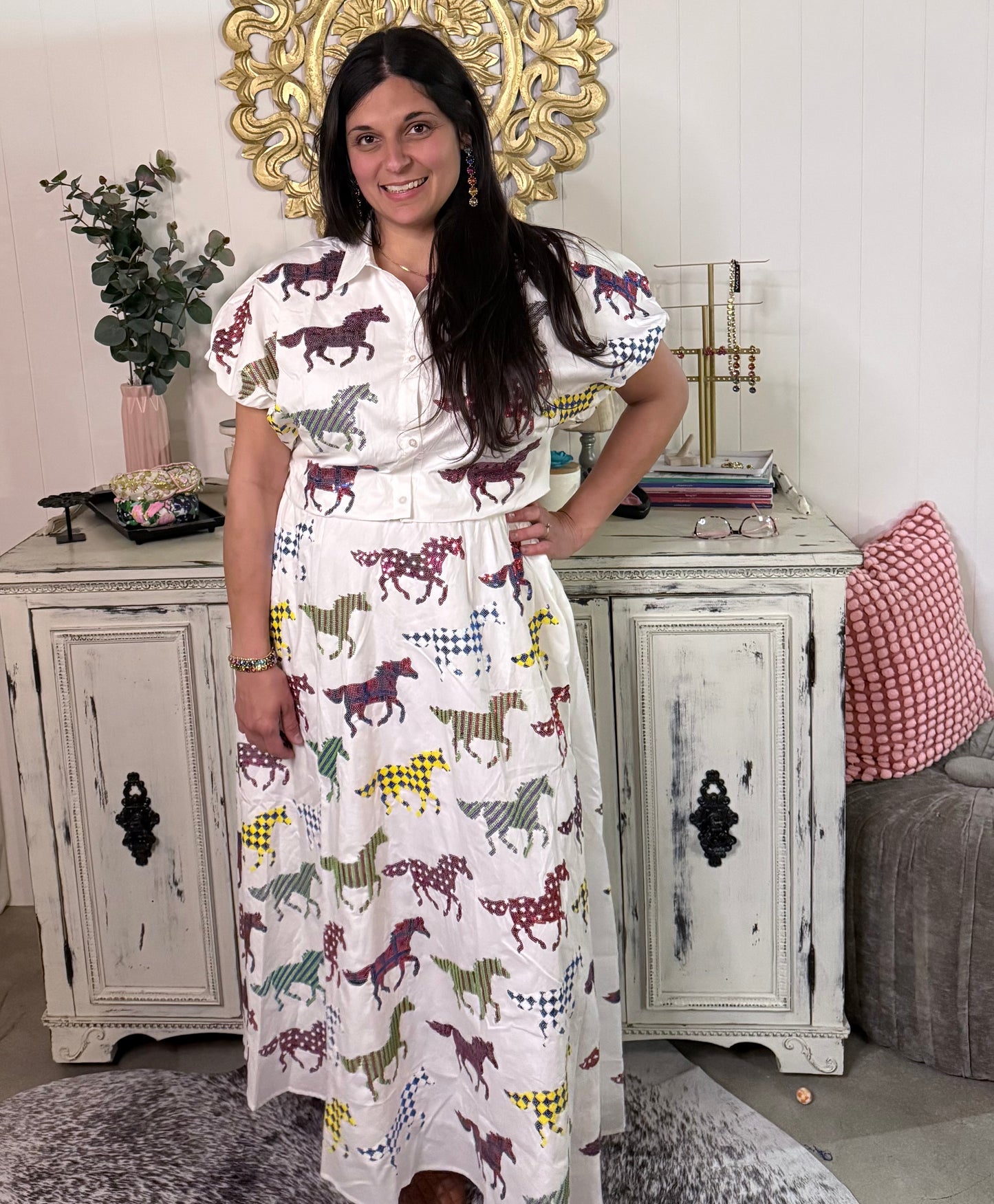 Queen of Sparkles White Multi Horse Maxi Skirt