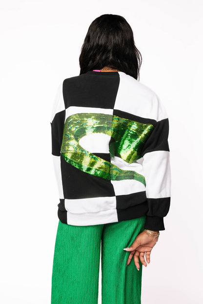Queen of Sparkles Black & White Checkered Mardi Gras Alligator Sweatshirt