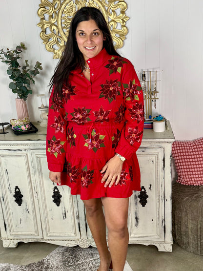 Queen of Sparkles Red Poinsettia Sweatshirt Dress
