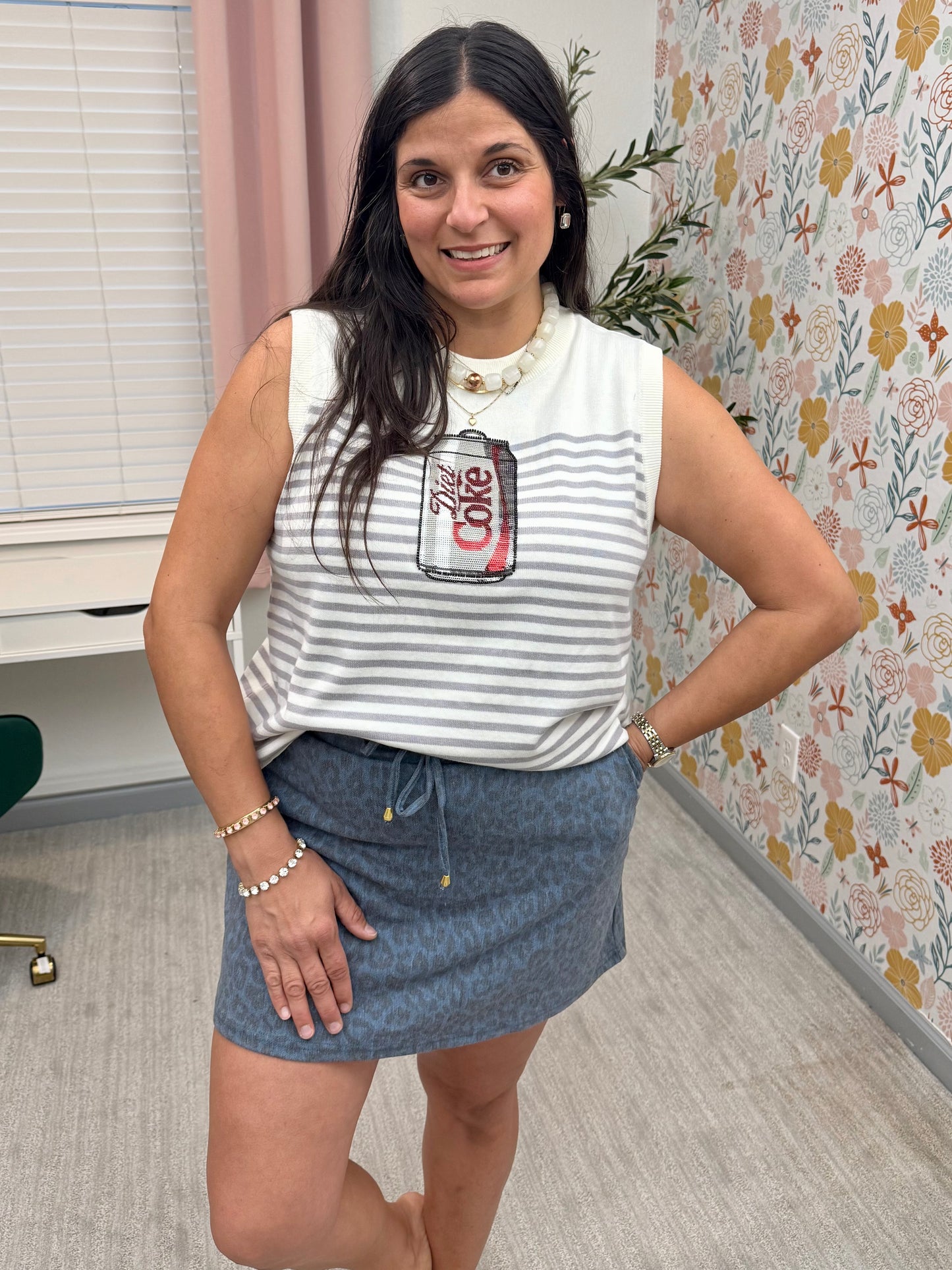 Queen of Sparkles Licensed White & Grey Striped Diet Coke Can Knit Tank