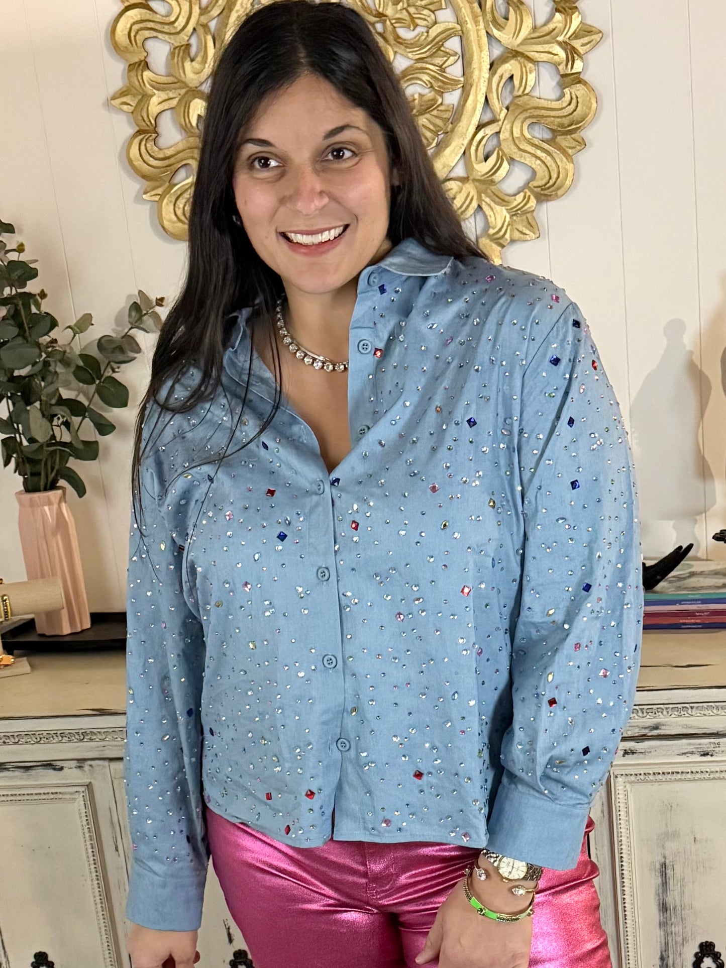 Queen of Sparkles Chambray Gemstone Button Up Top