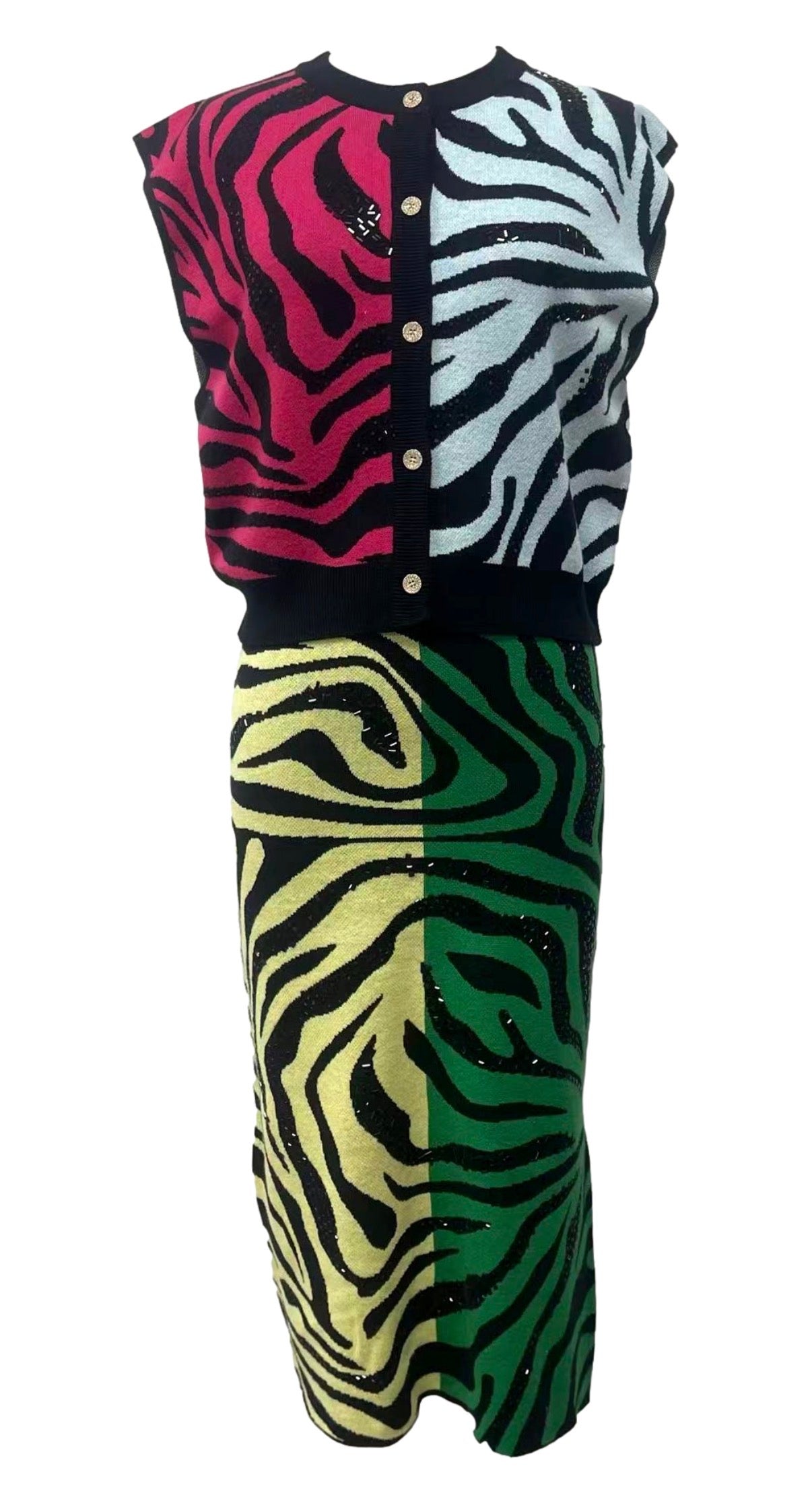 Queen of Sparkles Colorblock Tiger Knit Midi Skirt