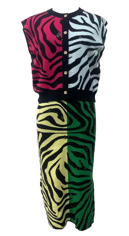 Queen of Sparkles Colorblock Tiger Knit Midi Skirt