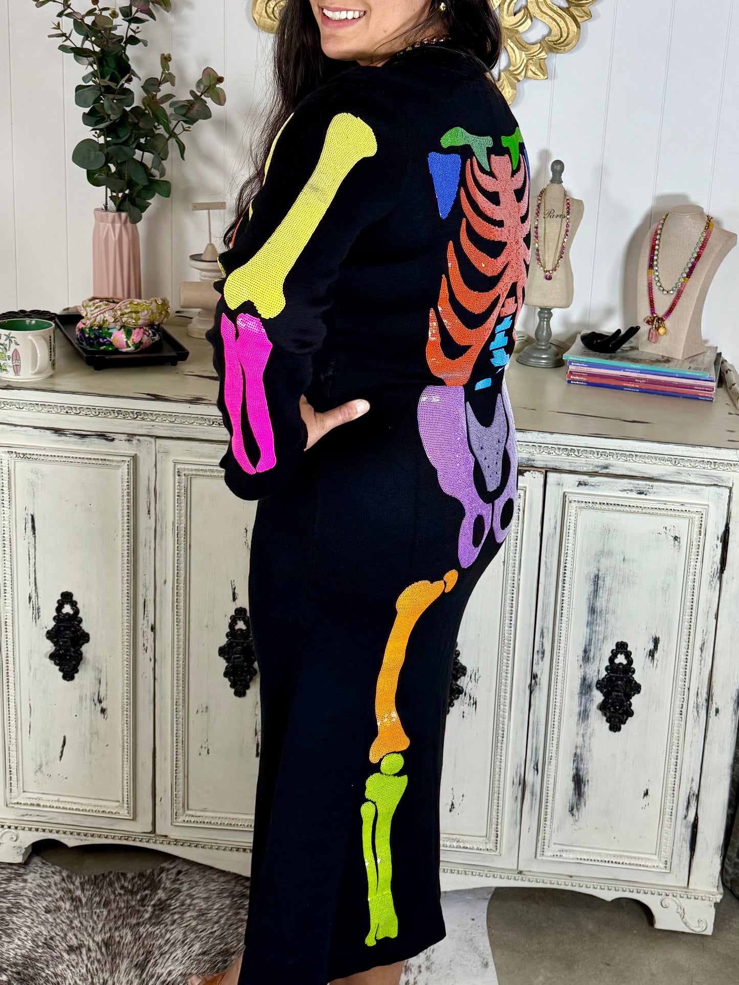 Queen of Sparkles Black Multi Skeleton Knit Midi Dress