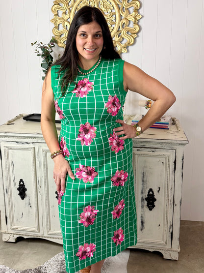 Queen of Sparkles Green & White Checkered Pink Azalea Knit Midi Dress