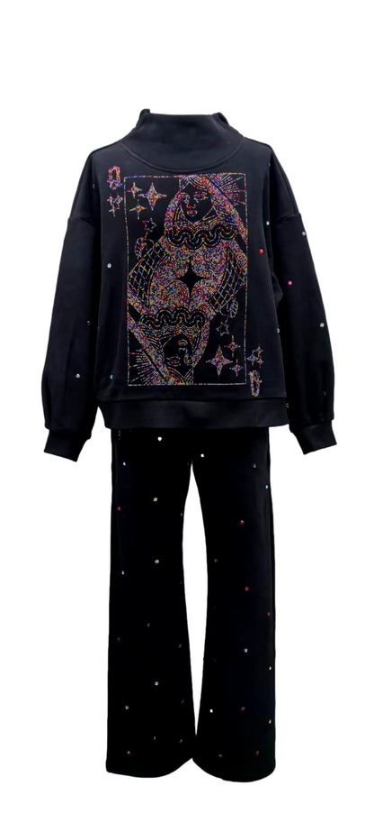 Queen of Sparkles Black Rainbow Rhinestone Qos Card Logo Mock Neck Sweatshirt