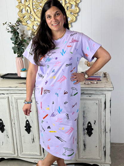 Queen of Sparkles Lavender Multi Crayon Scribble Midi Tee Dress