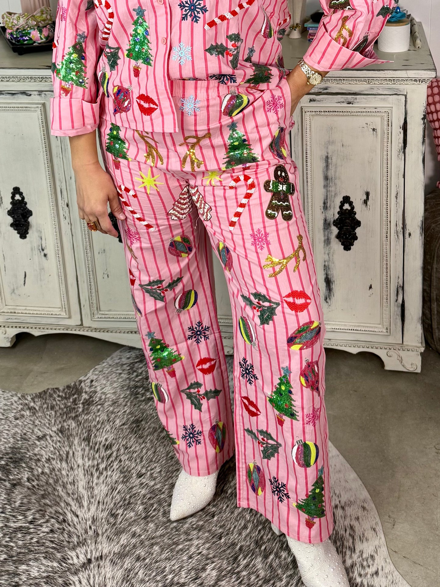 Queen of Sparkles Pink & Red Stripe Christmas Icon Pants