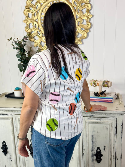 Queen of Sparkles Striped Multi Baseball & Bat Tee