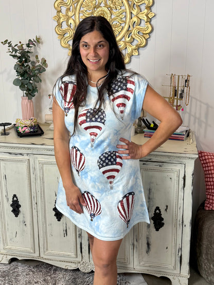 Queen of Sparkles Light Blue Tie Dye USA Hot Air Balloon Dress