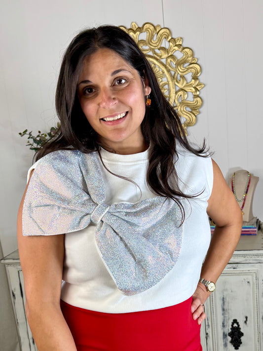 Queen of Sparkles White Oversized Rhinestone Bow Tank
