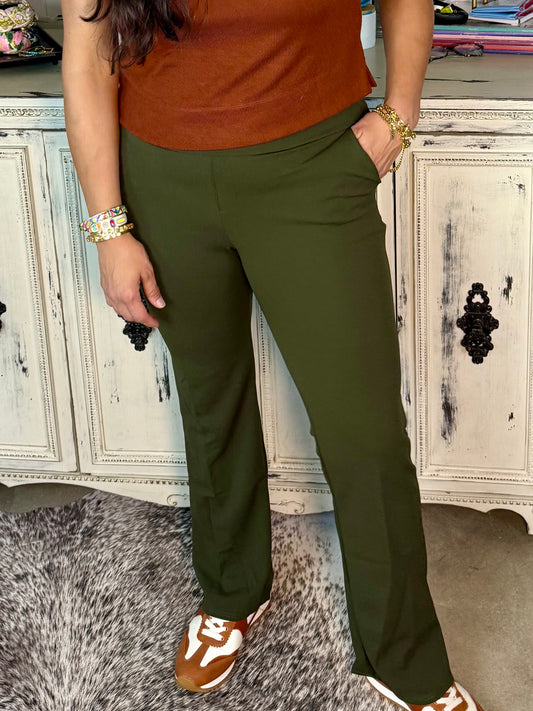 High Waisted Olive Stretch Flare Pants