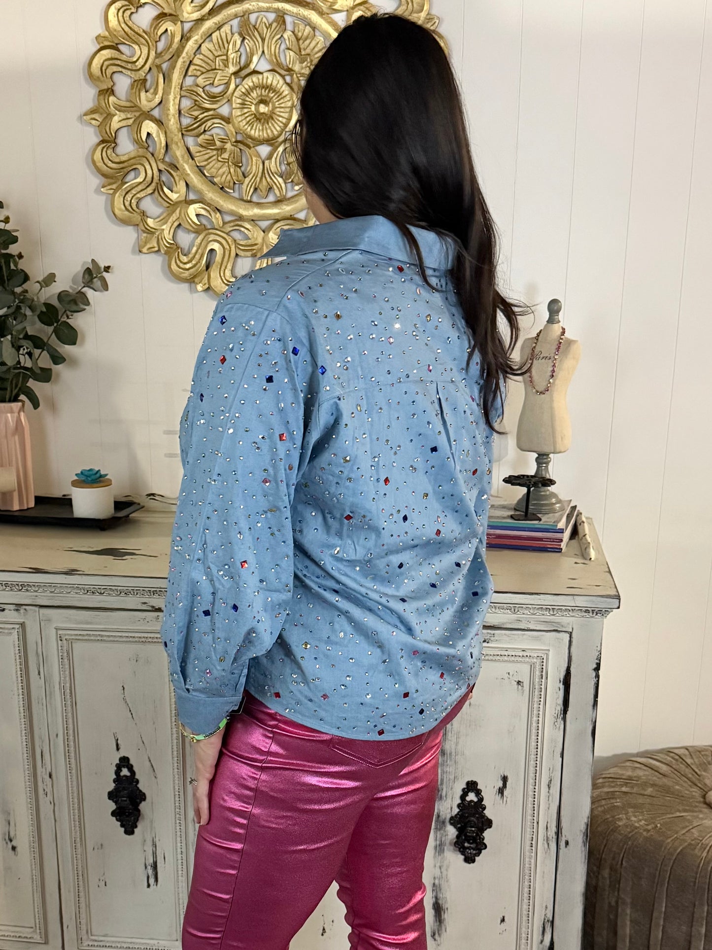Queen of Sparkles Chambray Gemstone Button Up Top