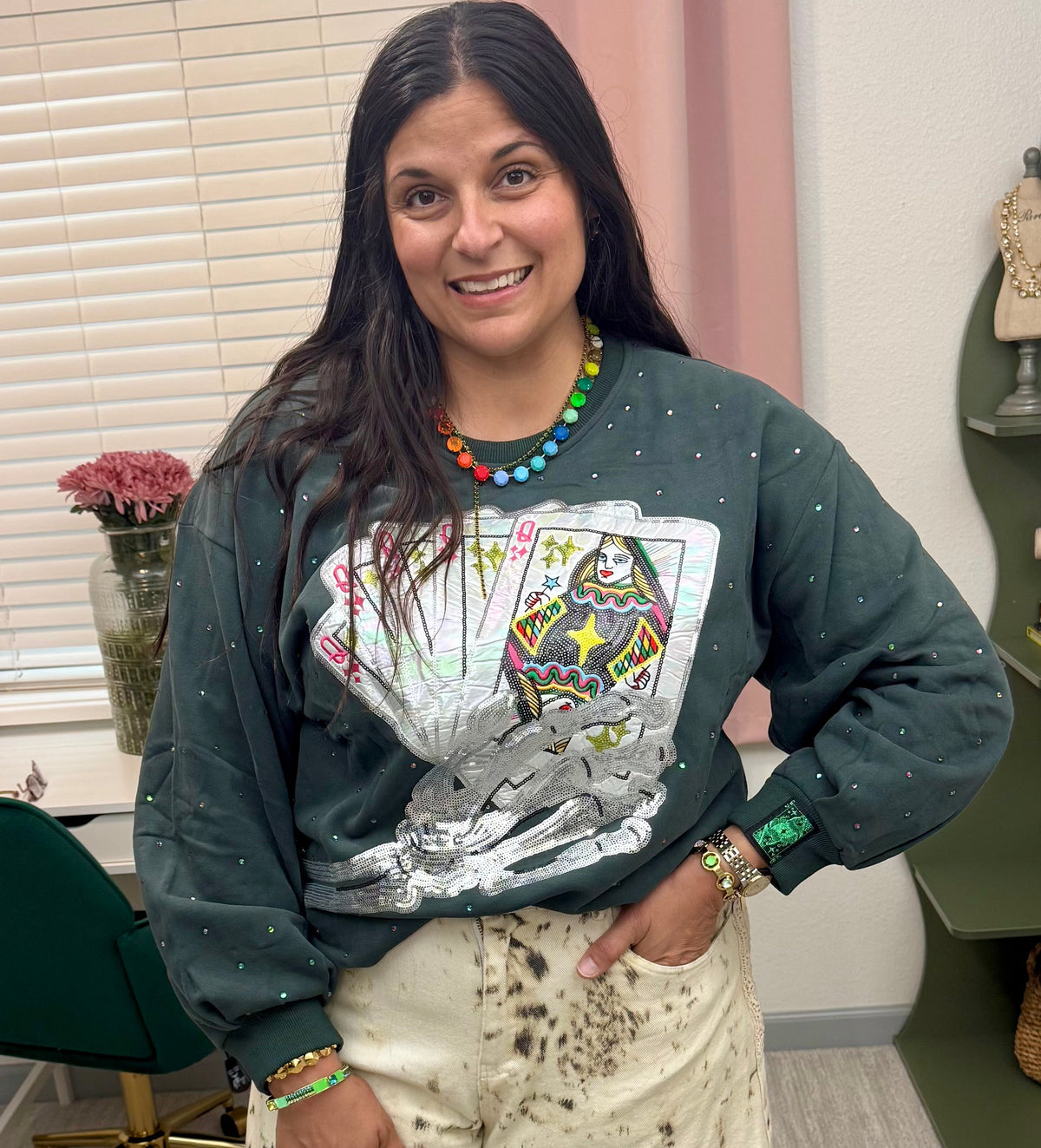 Queen of Sparkles Charcoal Skeleton Holding Queen Cards Rhinestone Sweatshirt