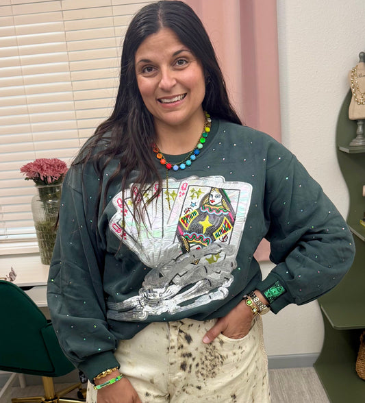 Queen of Sparkles Charcoal Skeleton Holding Queen Cards Rhinestone Sweatshirt